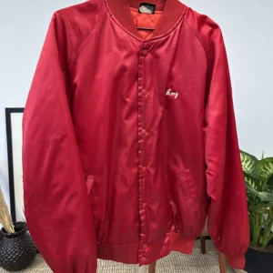Front view of a vintage red bomber jacket with the word "Amy" embroidered in white on the left chest.