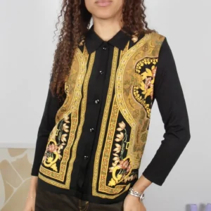 Front view of a vintage black and gold multicolour print button-up blouse.