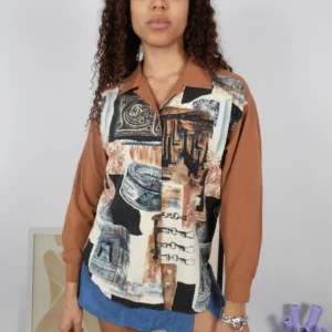 Front view of a vintage tan and multicolour print blouse.